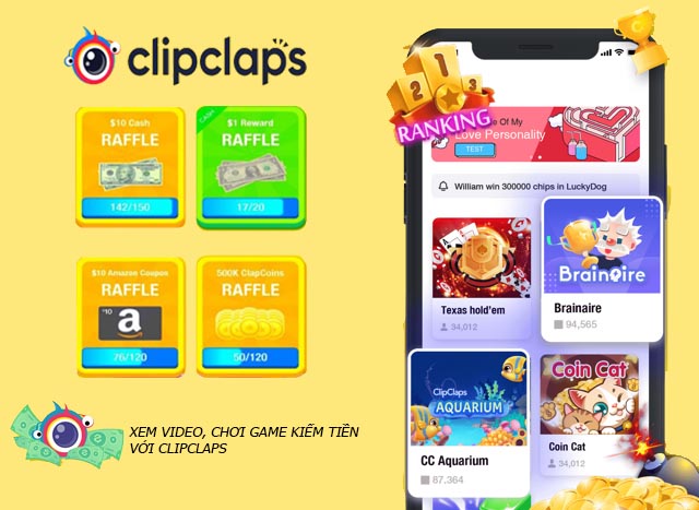 Clipclaps - Xem video, chơi game kiếm thẻ cào